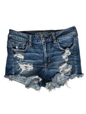 Size 10 AEO American Eagle Hi-Rise Shortie blue eyelet intentionally Distressed
